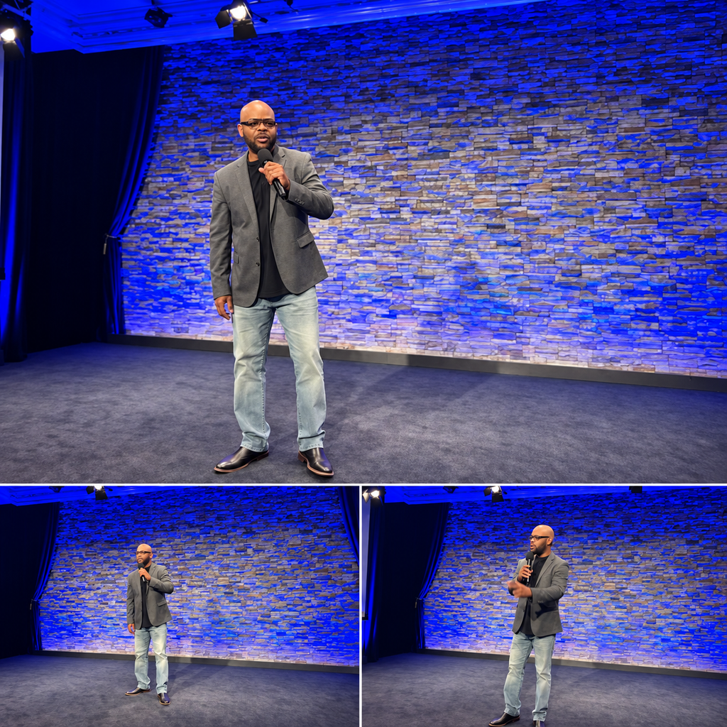 Three views of TM Hyman speaking alone on a blue-lit stage with a stone backdrop.