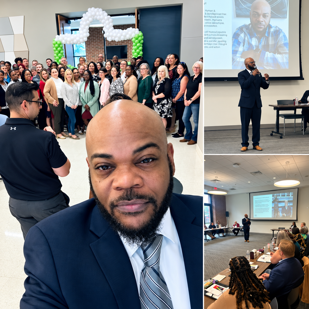 Collage: TM Hyman in a navy suit taking a selfie in front of a large group at an event; presenting beside a projected slide; and a meeting room of attendees seated at tables while he presents.