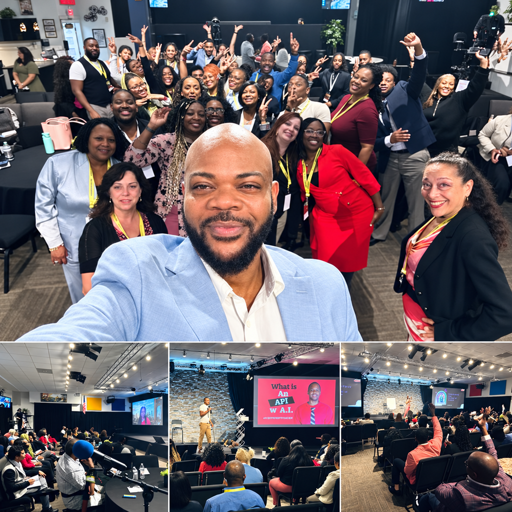 Collage: TM Hyman in a light blue blazer taking a selfie with a cheering audience, and wide shots of a full room during a presentation.