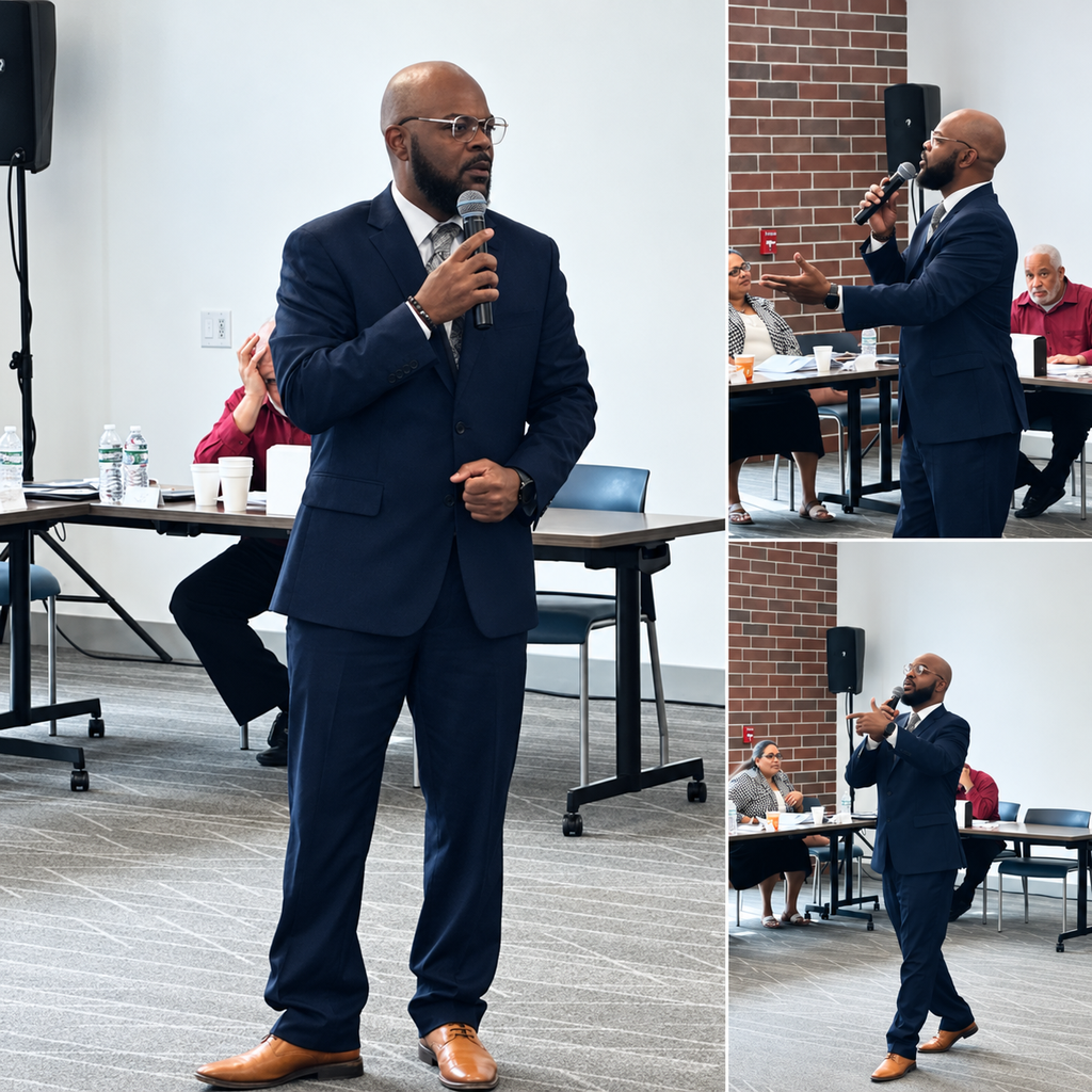 Collage: TM Hyman in a navy suit speaking with a microphone to a seated group at conference tables during a training session.